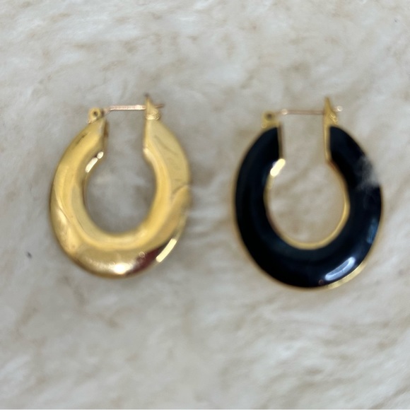 Black Gold Tone Metal Reversible Post Earrings & Evil Eye Adjustable Bracelet - Picture 3 of 11